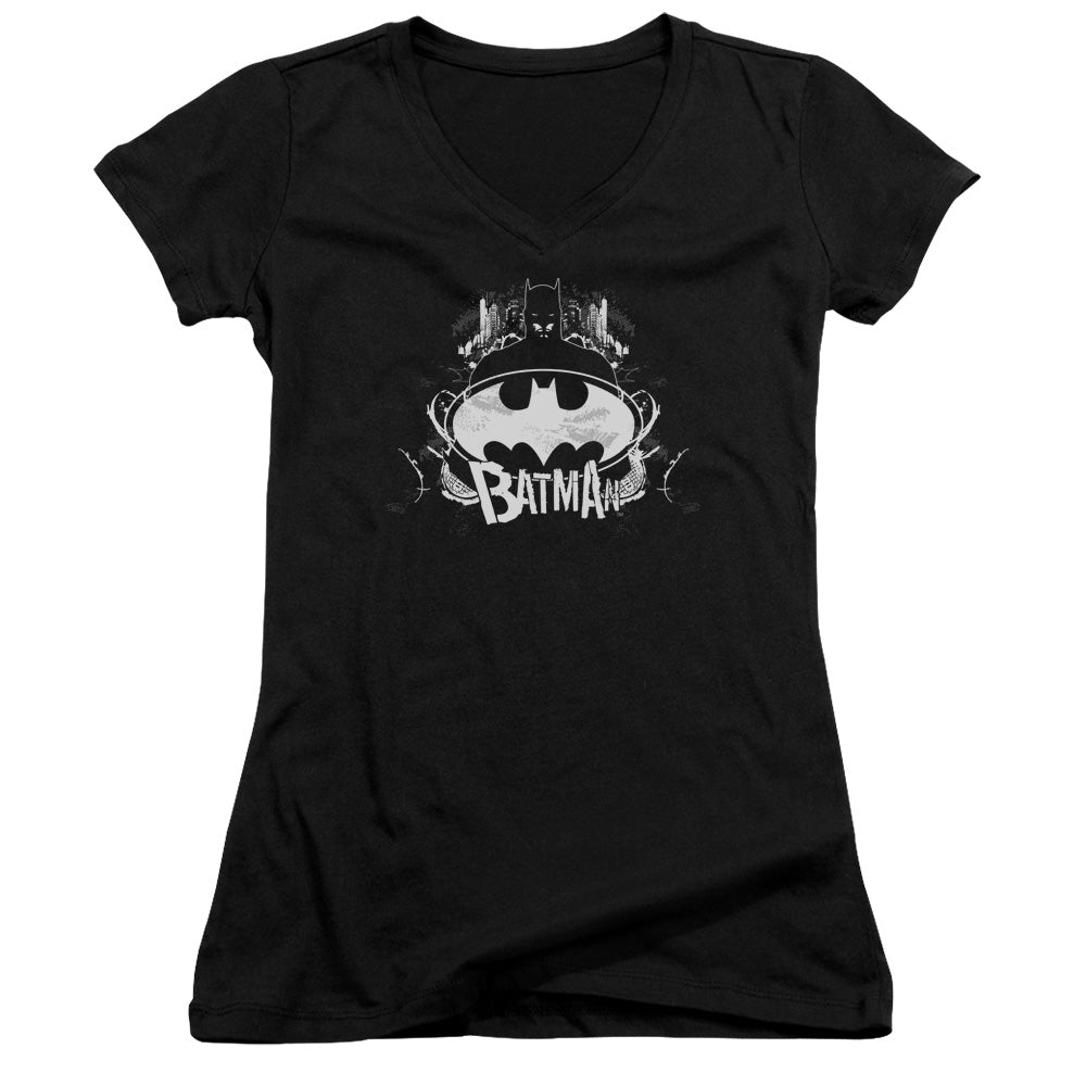 Batman Grim & Grity Junior Sheer Cap Sleeve V Neck Womens T Shirt Black