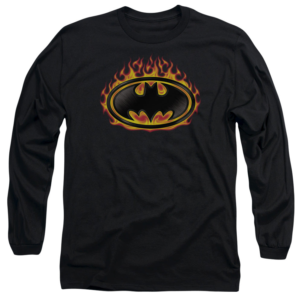 Batman Bat Flames Shield Mens Long Sleeve Shirt Black