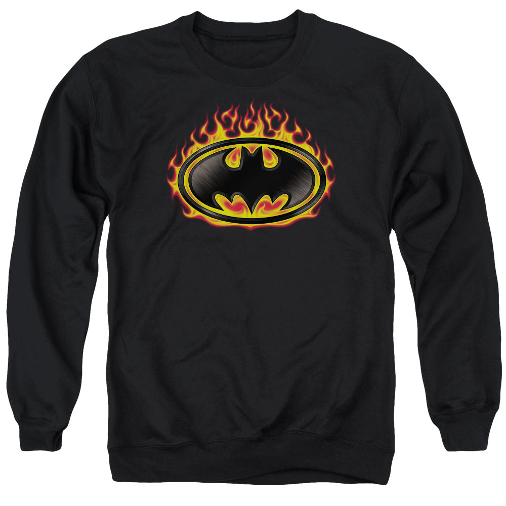 Batman Bat Flames Shield Mens Crewneck Sweatshirt Black