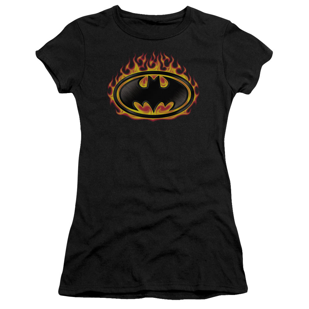 Batman Bat Flames Shield Junior Sheer Cap Sleeve Womens T Shirt Black