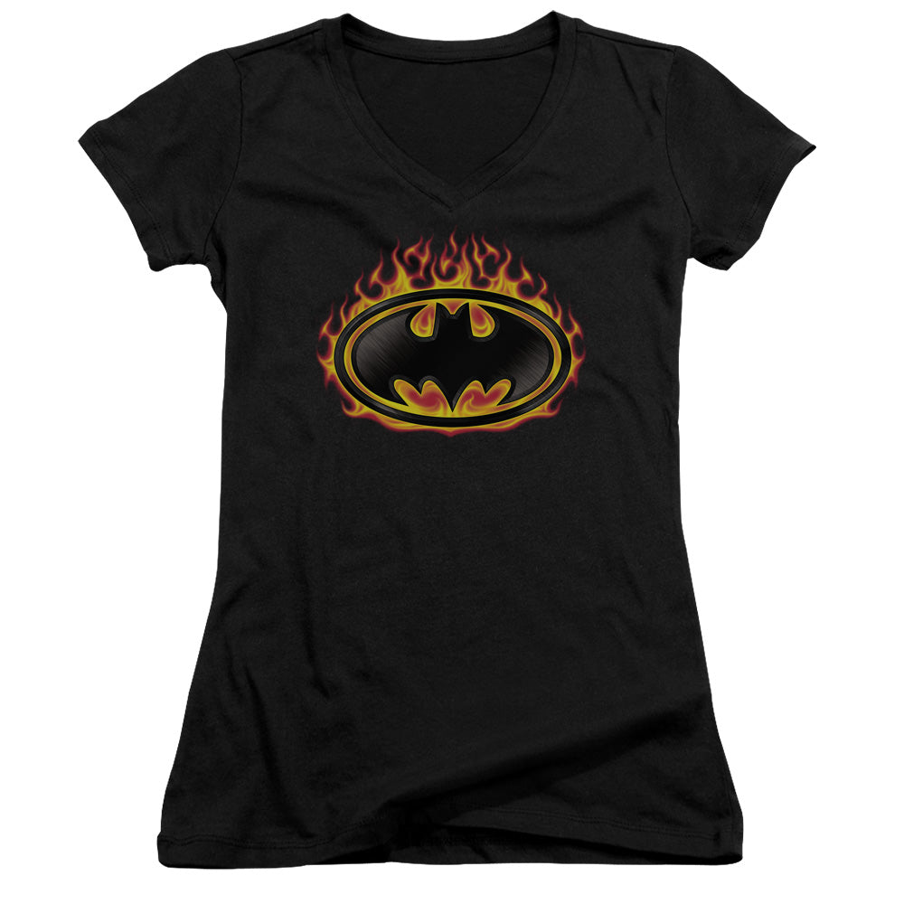 Batman Bat Flames Shield Junior Sheer Cap Sleeve V Neck Womens T Shirt Black