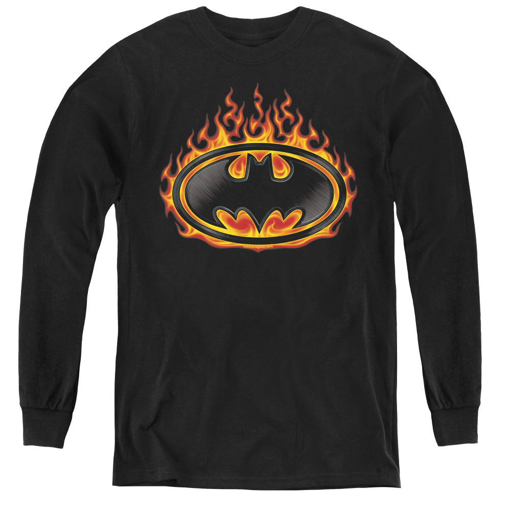 Batman Bat Flames Shield Long Sleeve Kids Youth T Shirt Black