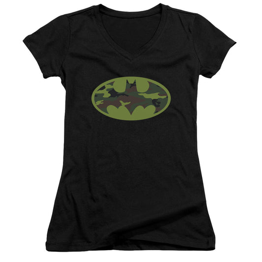 Batman Camo Logo Junior Sheer Cap Sleeve V Neck Womens T Shirt Black