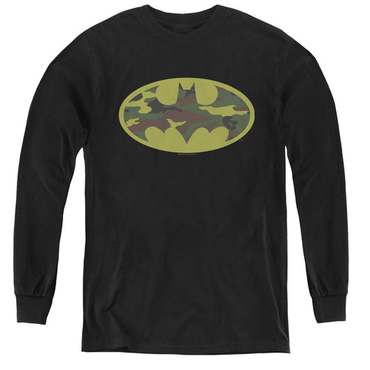 Batman Camo Logo Long Sleeve Kids Youth T Shirt Black
