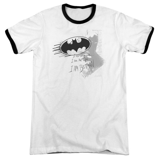 Batman I Am Vengeance Heather Ringer Mens T Shirt White Black