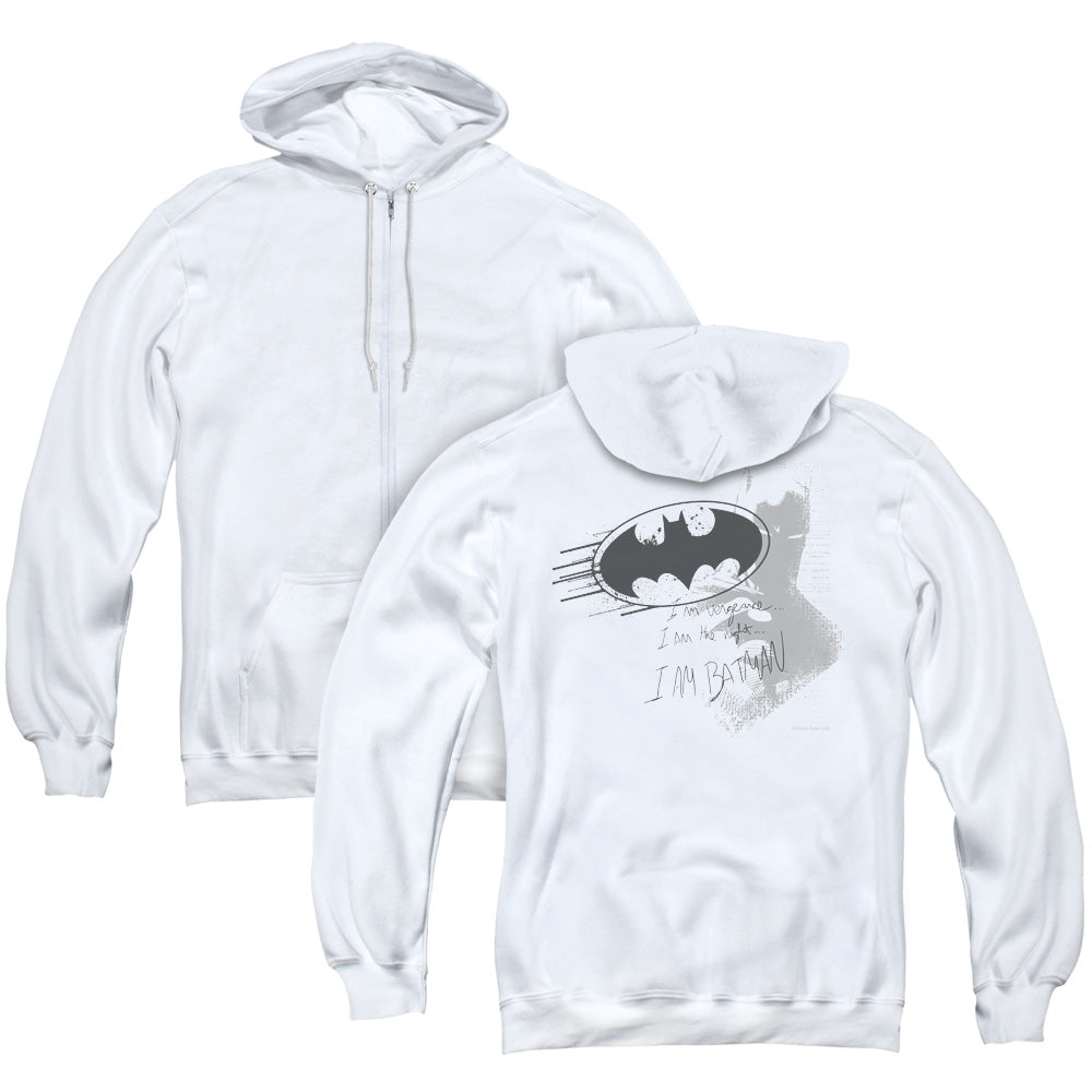 Batman I Am Vengeance Back Print Zipper Mens Hoodie White