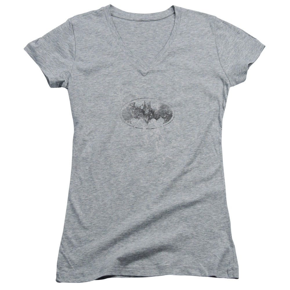 Batman Burned & Splatered Junior Sheer Cap Sleeve V Neck Womens T Shirt Athletic Heather