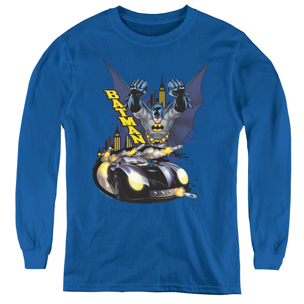 Batman By Air & By Land Long Sleeve Kids Youth T Shirt Royal Blue