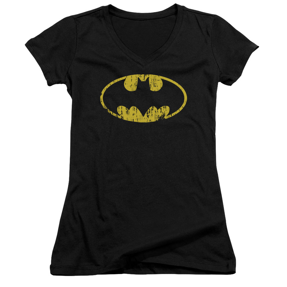 Batman Classic Logo Distressed Junior Sheer Cap Sleeve V Neck Womens T Shirt Black