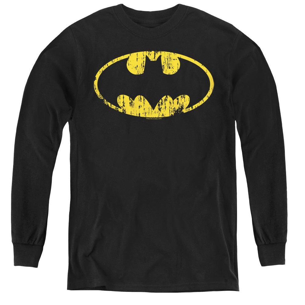Batman Classic Logo Distressed Long Sleeve Kids Youth T Shirt Black