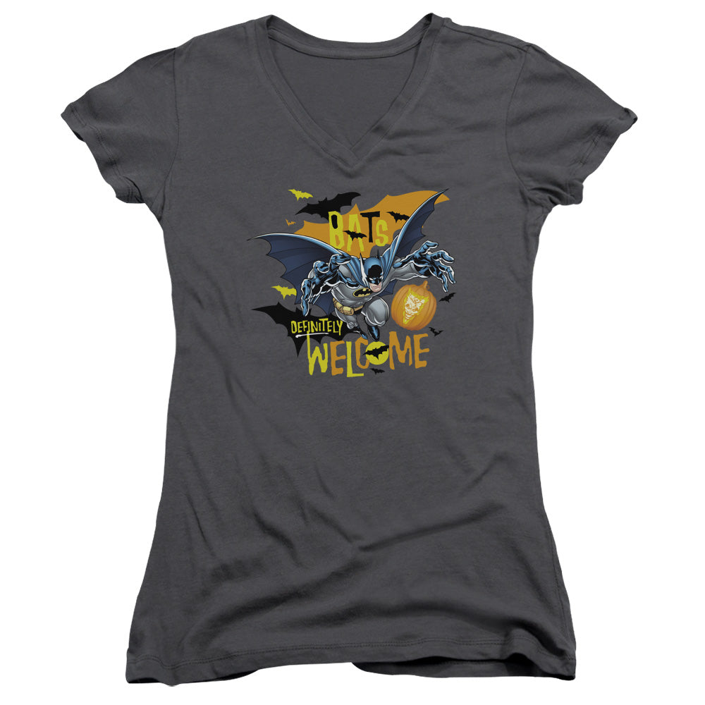 Batman Bats Welcome Junior Sheer Cap Sleeve V Neck Womens T Shirt Charcoal