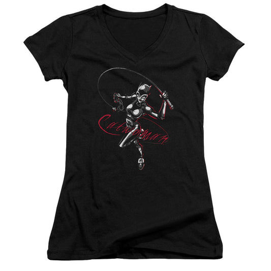 Batman Kiten With A Whip Junior Sheer Cap Sleeve V Neck Womens T Shirt Black