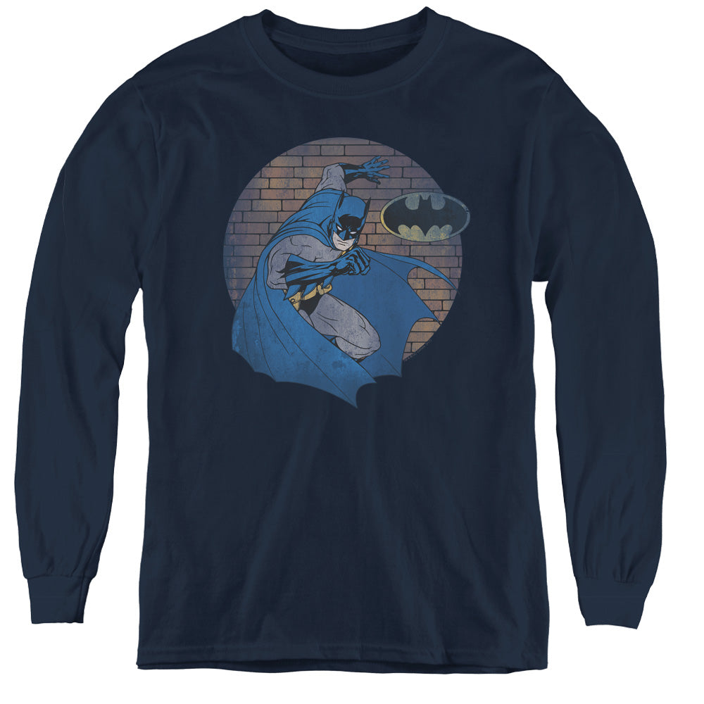Batman In The Spotlight Long Sleeve Kids Youth T Shirt Navy Blue