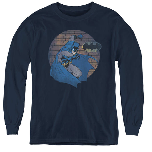 Batman In The Spotlight Long Sleeve Kids Youth T Shirt Navy Blue
