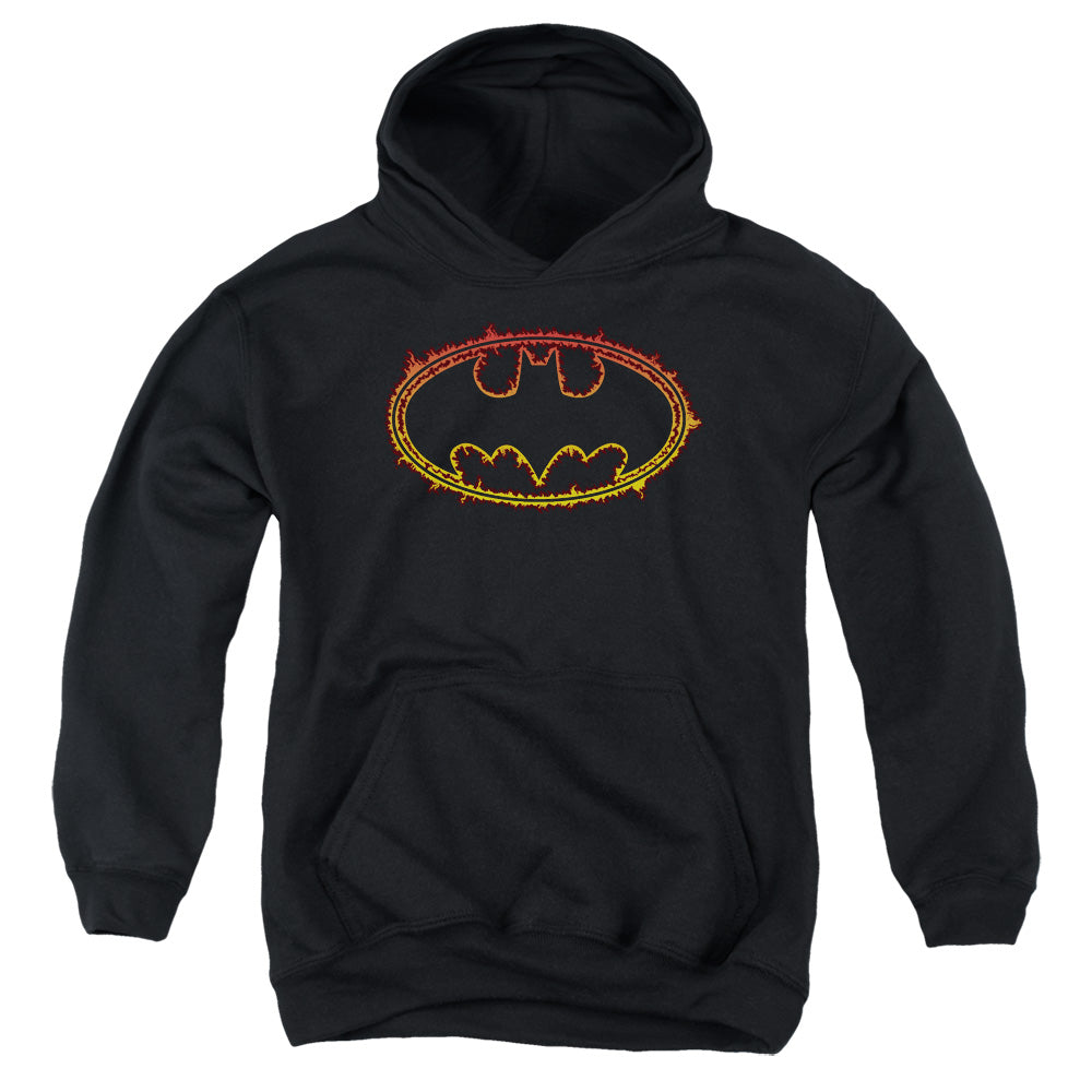 Batman Flame Outlined Logo Kids Youth Hoodie Black