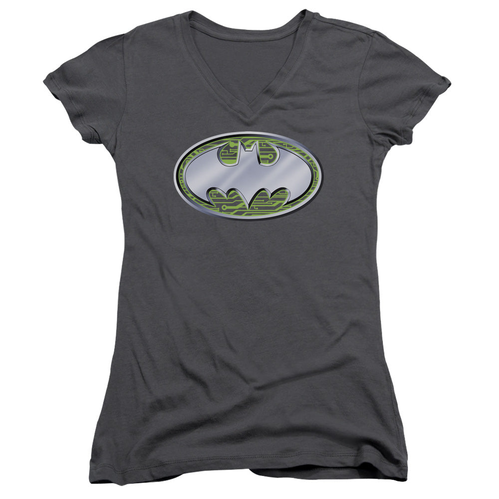 Batman Circuits Logo Junior Sheer Cap Sleeve V Neck Womens T Shirt Charcoal