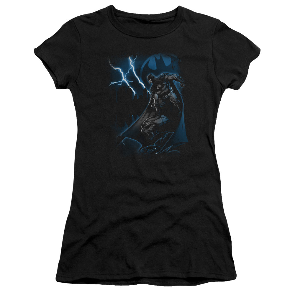 Batman Lightning Strikes Junior Sheer Cap Sleeve Womens T Shirt Black
