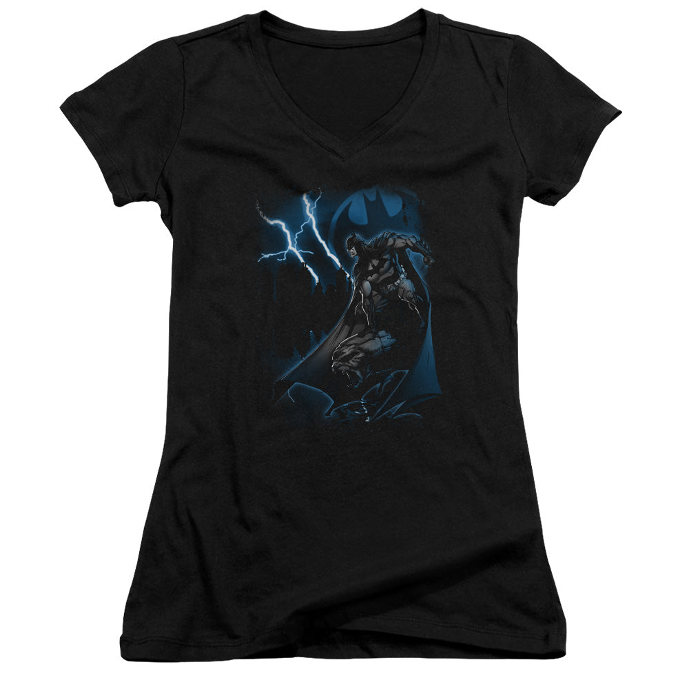 Batman Lightning Strikes Junior Sheer Cap Sleeve V Neck Womens T Shirt Black