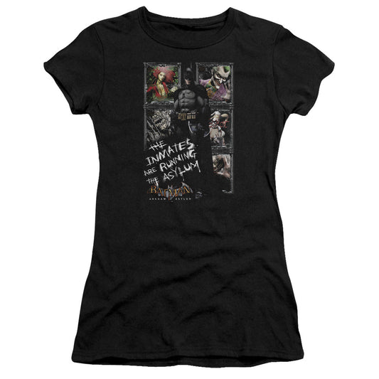 Batman Aa Running The Asylum Junior Sheer Cap Sleeve Womens T Shirt Black