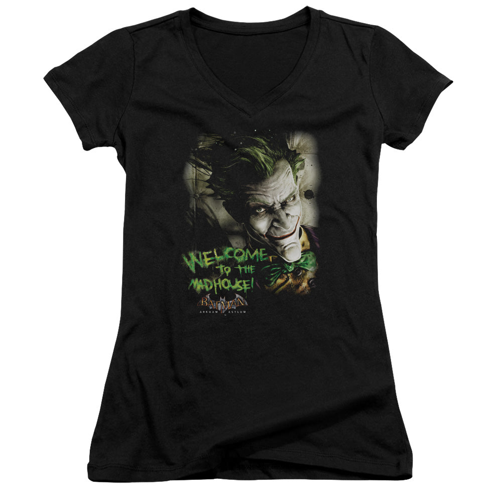 Batman Aa Welcome To The Madhouse Junior Sheer Cap Sleeve V Neck Womens T Shirt Black