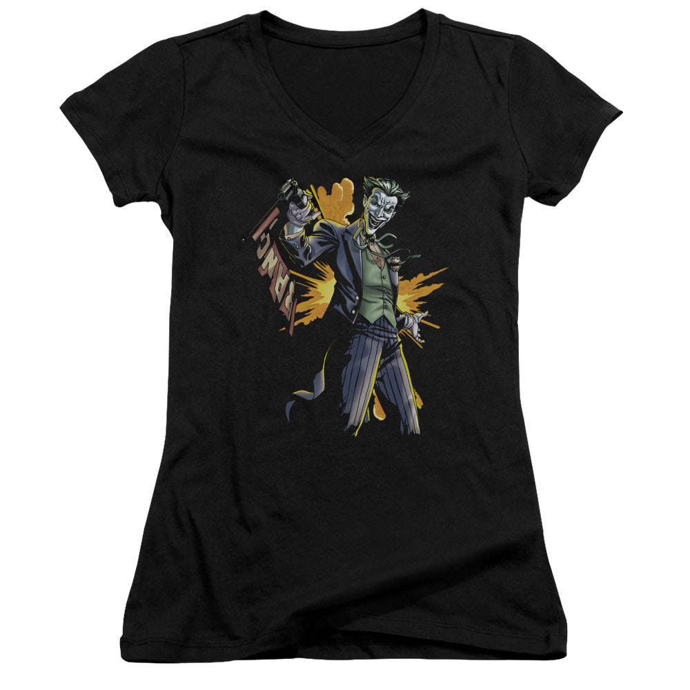 Batman Joker Bang Junior Sheer Cap Sleeve V Neck Womens T Shirt Black