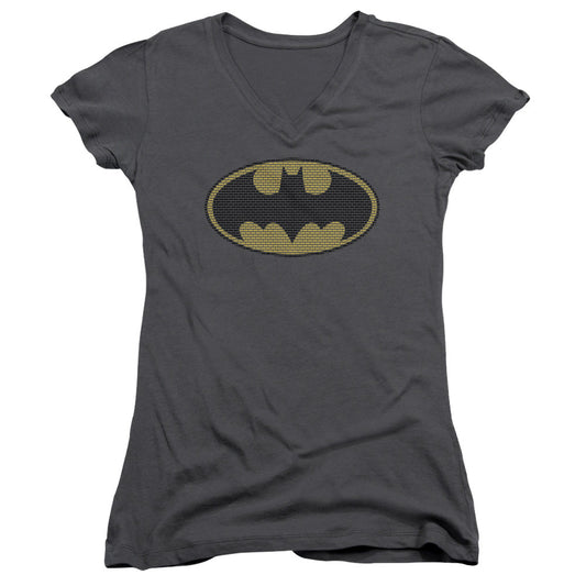 Batman Litle Logos Junior Sheer Cap Sleeve V Neck Womens T Shirt Charcoal