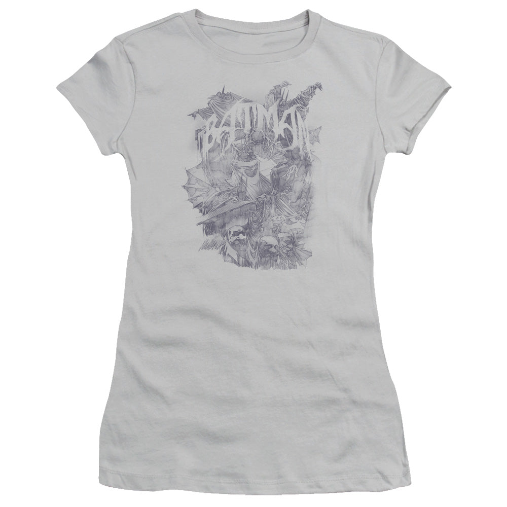 Batman Pencil Bat Collage Junior Sheer Cap Sleeve Womens T Shirt Silver
