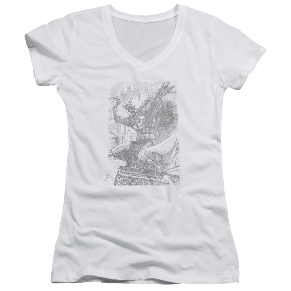 Batman Pencil Batarang Throw Junior Sheer Cap Sleeve V Neck Womens T Shirt White