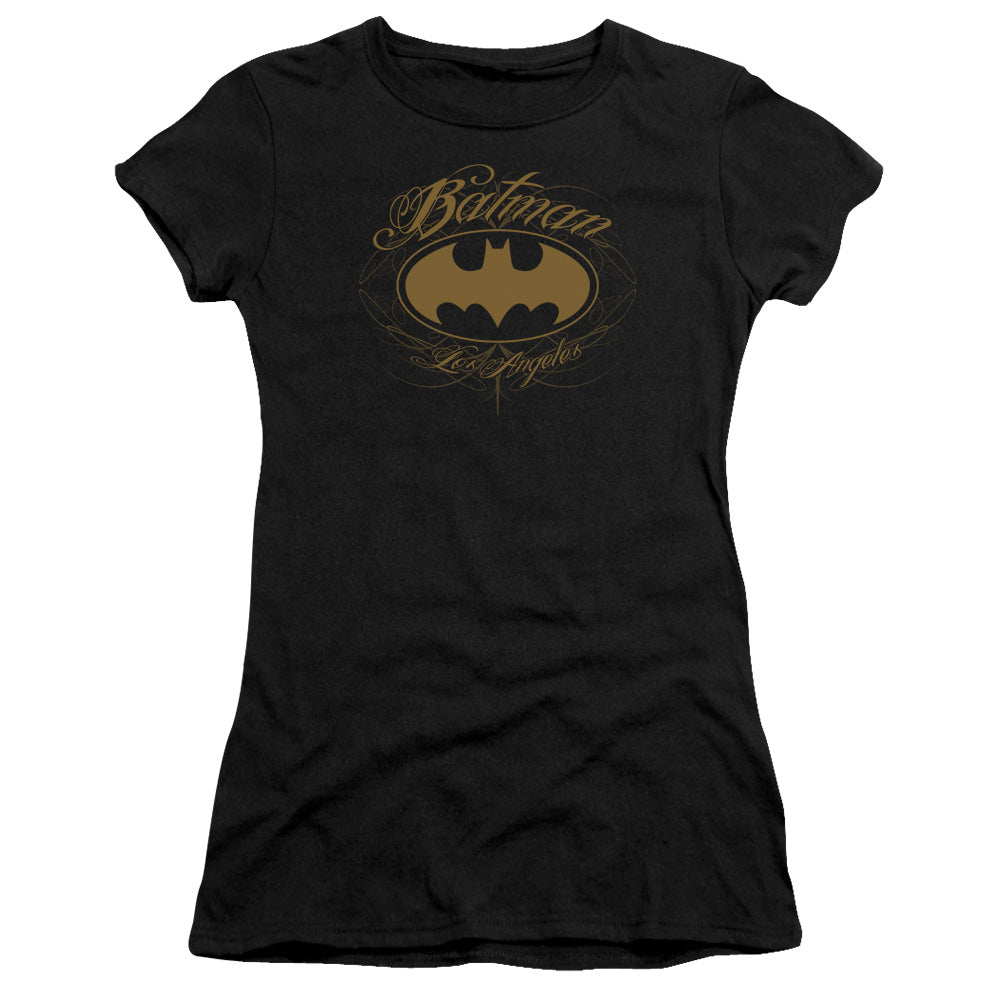 Batman Batman La Junior Sheer Cap Sleeve Womens T Shirt Black