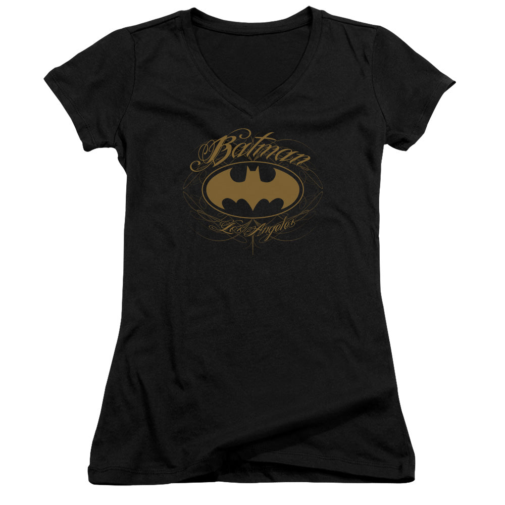 Batman Batman La Junior Sheer Cap Sleeve V Neck Womens T Shirt Black