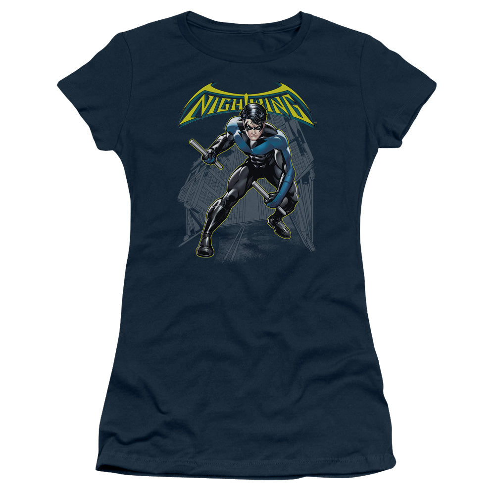 Batman Nightwing Junior Sheer Cap Sleeve Womens T Shirt Navy Blue