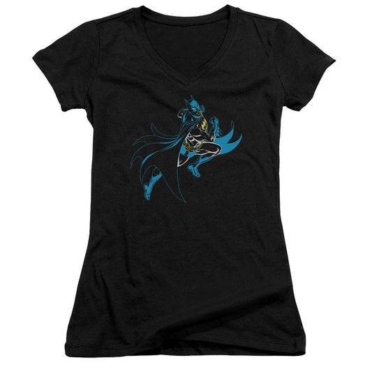 Batman Neon Batman Junior Sheer Cap Sleeve V Neck Womens T Shirt Black