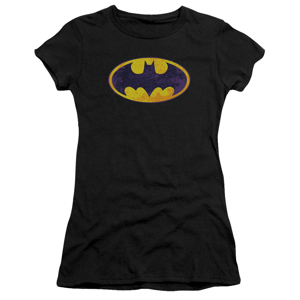 Batman Bm Neon Distress Logo Junior Sheer Cap Sleeve Womens T Shirt Black