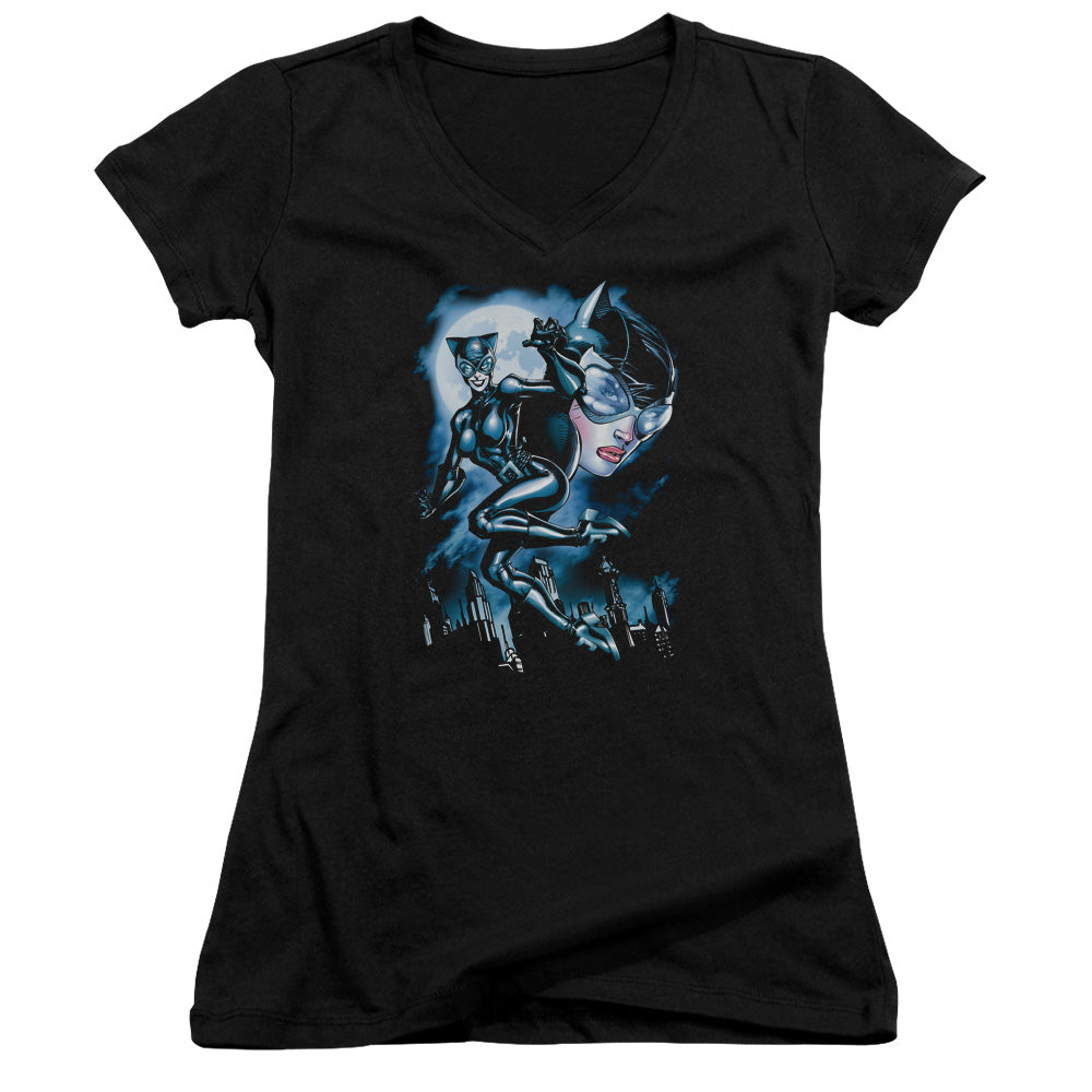 Batman Moonlight Cat Junior Sheer Cap Sleeve V Neck Womens T Shirt Black