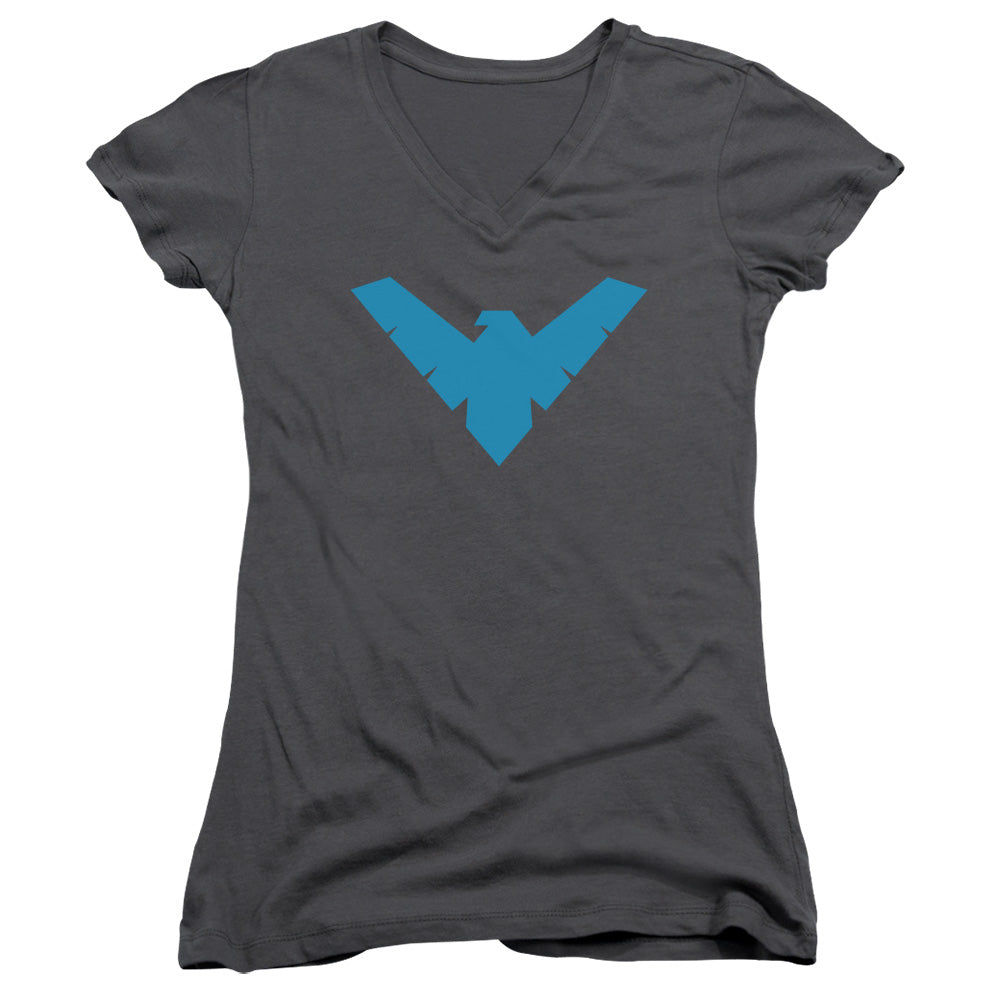 Batman Nightwing Symbol Junior Sheer Cap Sleeve V Neck Womens T Shirt Charcoal