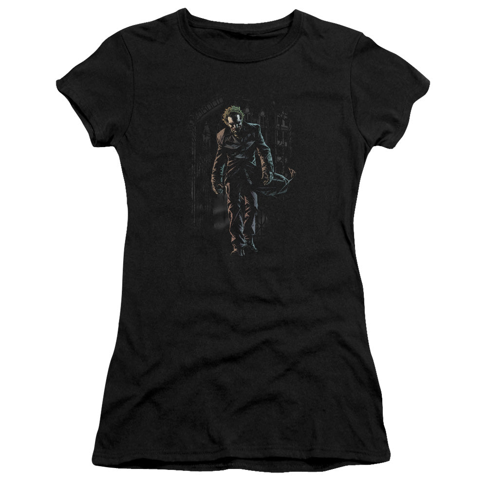 Batman Joker Leaves Arkham Junior Sheer Cap Sleeve Womens T Shirt Black