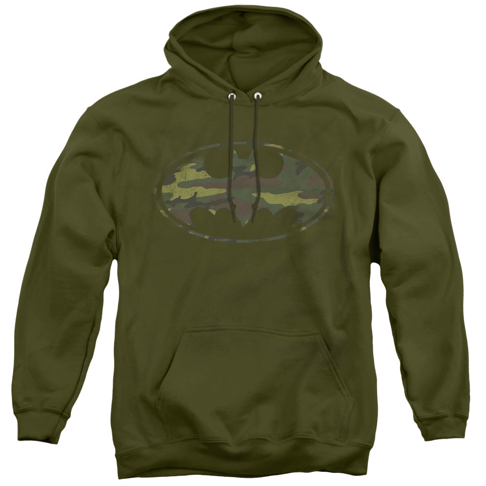 Batman Distressed Camo Shield Mens Hoodie Military Green
