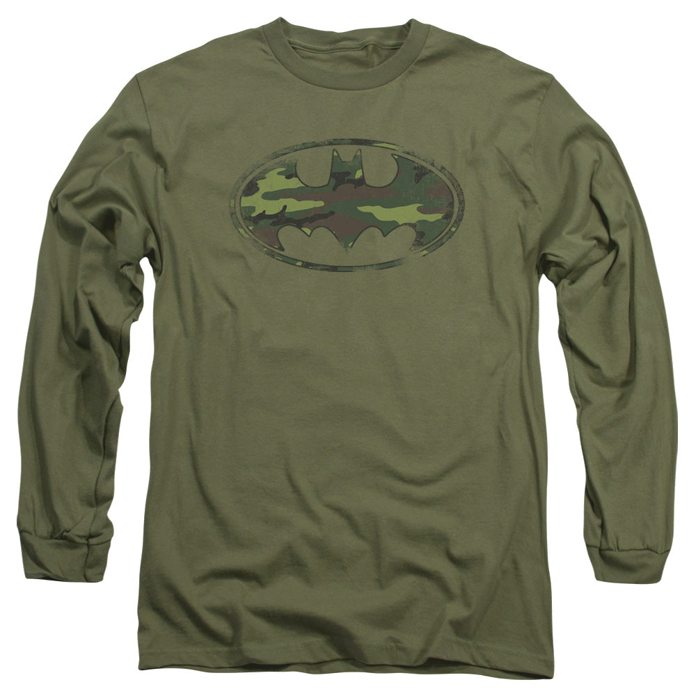 Batman Distressed Camo Shield Mens Long Sleeve Shirt Military Green