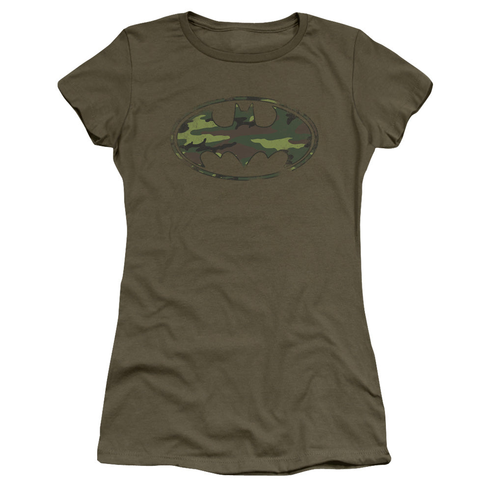 Batman Distressed Camo Shield Junior Sheer Cap Sleeve Womens T Shirt Military Green