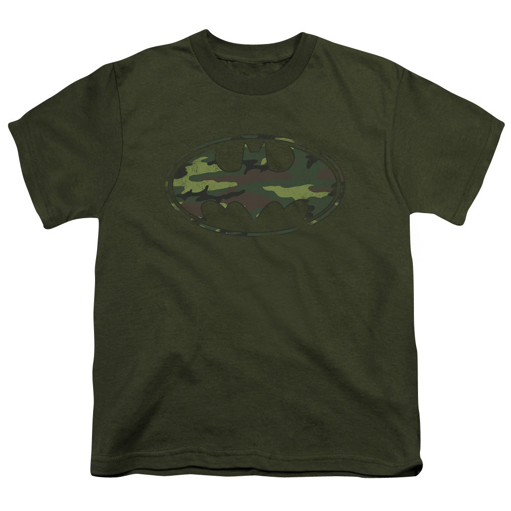 Batman Distressed Camo Shield Kids Youth T Shirt Military Green