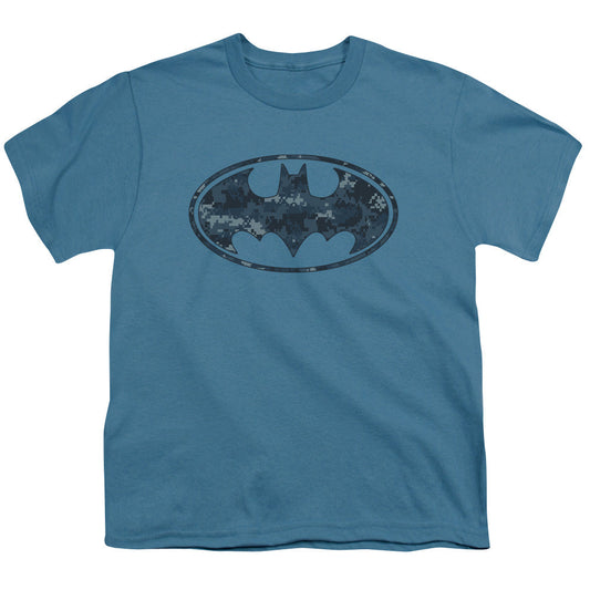 Batman Navy Blue Camo Shield Kids Youth T Shirt Slate