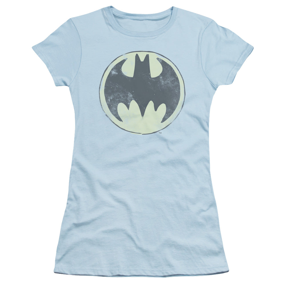 Batman Old Time Logo Junior Sheer Cap Sleeve Womens T Shirt Light Blue
