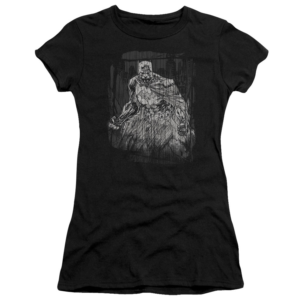 Batman Pencilled Rain Junior Sheer Cap Sleeve Womens T Shirt Black