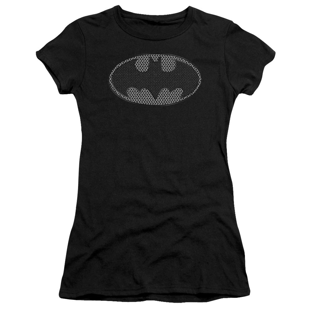 Batman Chainmail Shield Junior Sheer Cap Sleeve Womens T Shirt Black