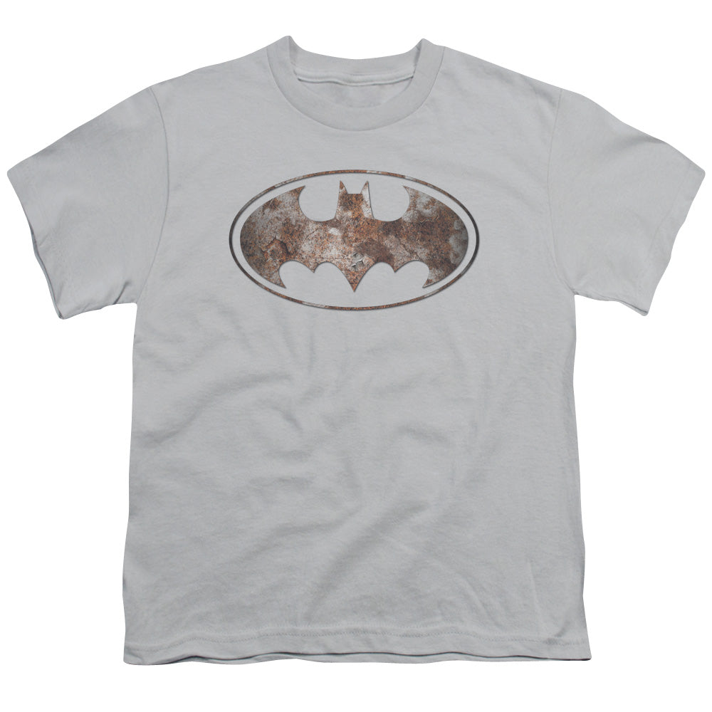 Batman Heavy Rust Logo Kids Youth T Shirt Silver