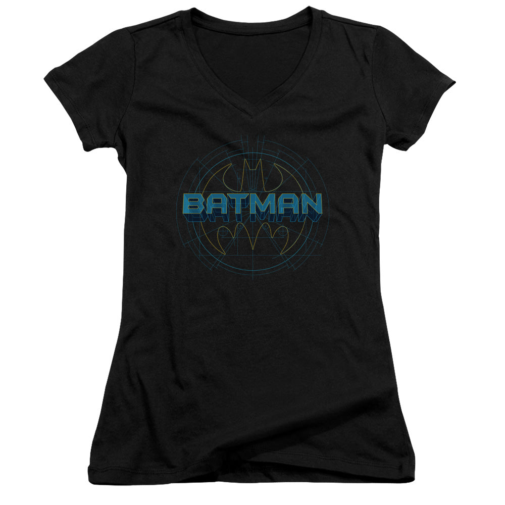 Batman Bat Tech Logo Junior Sheer Cap Sleeve V Neck Womens T Shirt Black