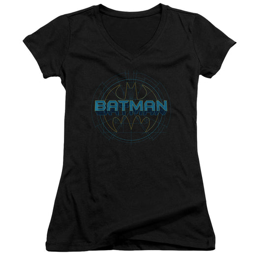 Batman Bat Tech Logo Junior Sheer Cap Sleeve V Neck Womens T Shirt Black