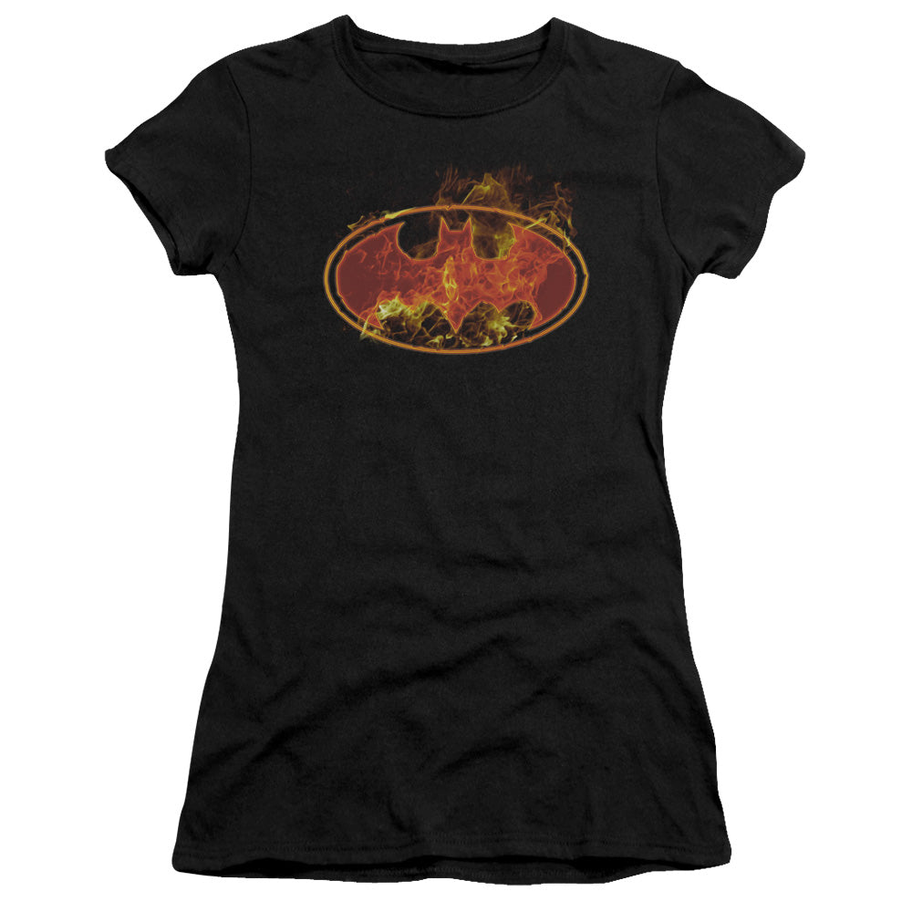 Batman Flames Logo Junior Sheer Cap Sleeve Womens T Shirt Black