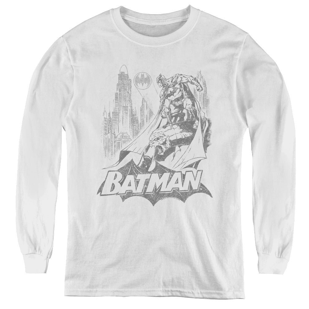 Batman Bat Sketch Long Sleeve Kids Youth T Shirt White
