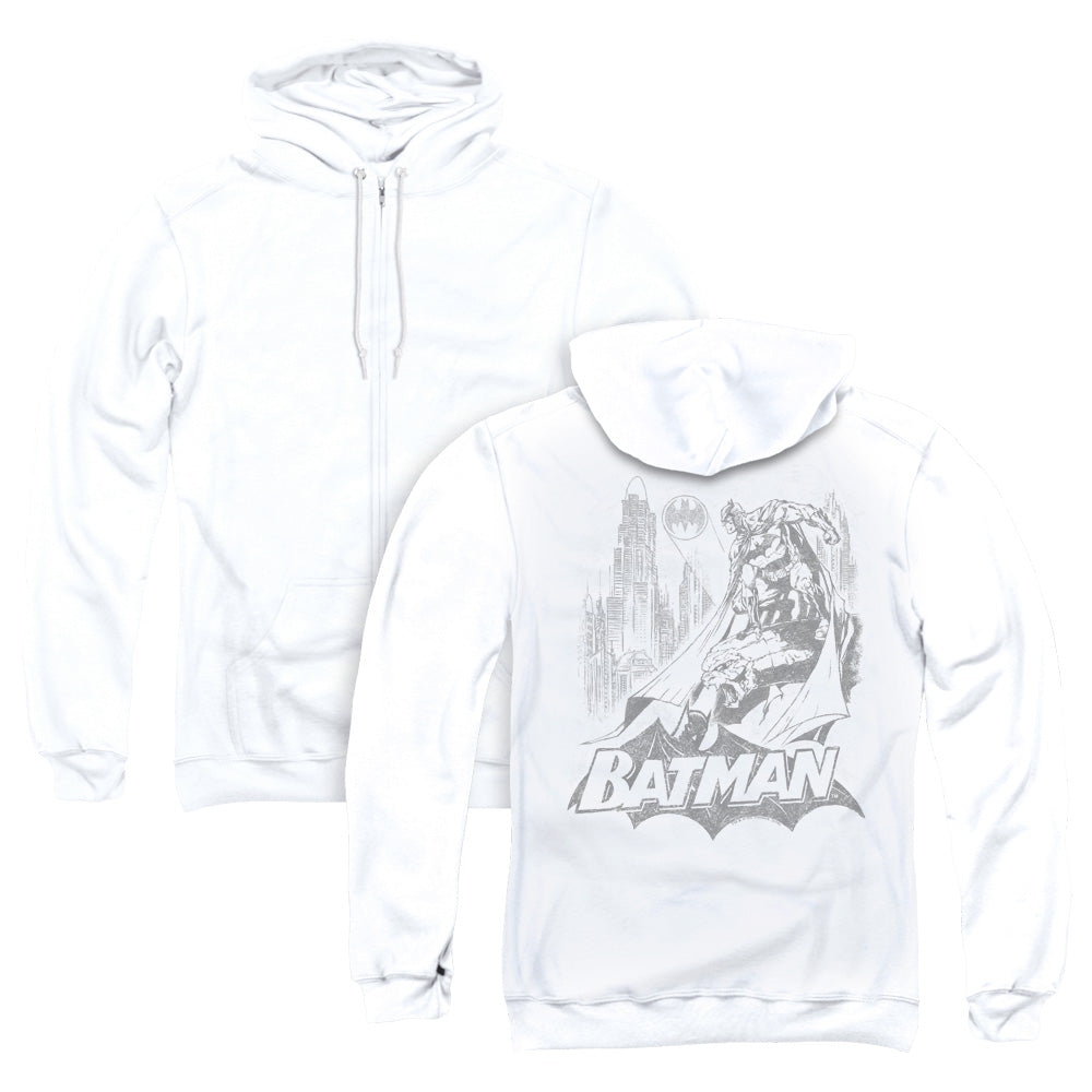 Batman Bat Sketch Back Print Zipper Mens Hoodie White
